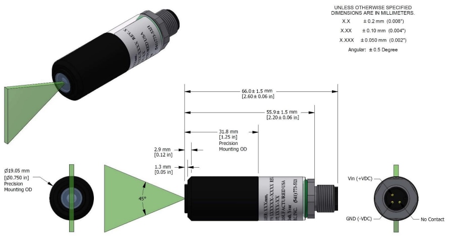 Mechanical Drawing - Diode Laser Concepts Industrial 520nm 45° M12 Laser